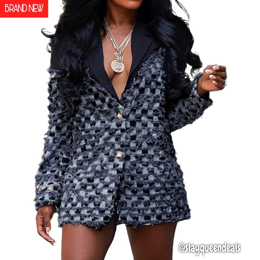 Denim Blazer Jacket With Patchwork And Fringe Det… - image 2